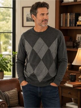 Dockers Argyle Crewneck Sweater Gray Charcoal XL 100% Acrylic Classic Knit